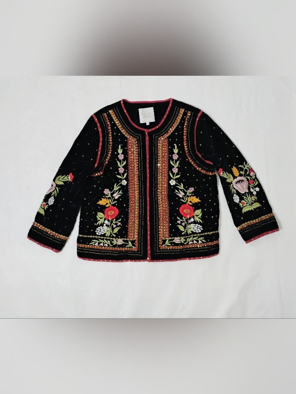 Women's John Mark Black Velvet Floral Embroidered BOHO Beaded Jacket Size L